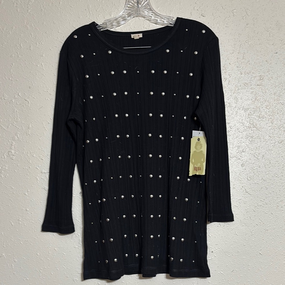 Reba Black Boxy Blouse with 3/4 Sleeves and Embellishments